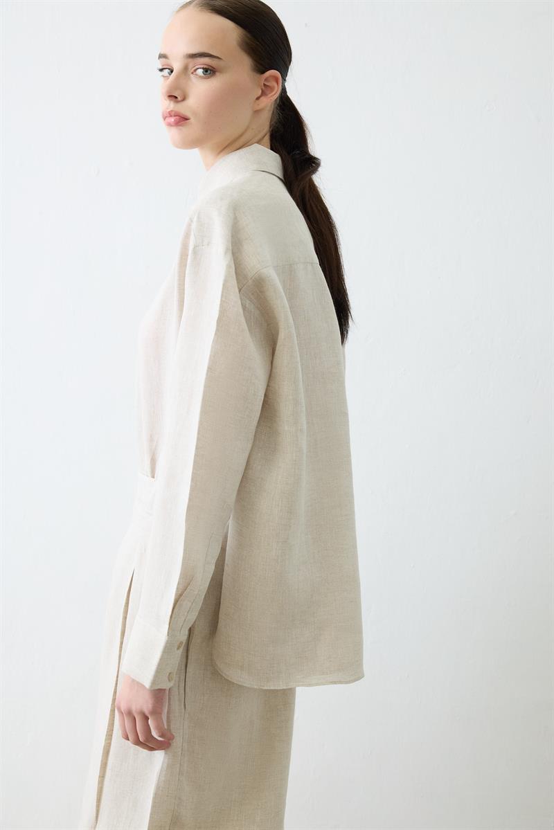 NATURAL %100 KETEN PİLE DETAYLI PANTOLON TAKIM NATURAL