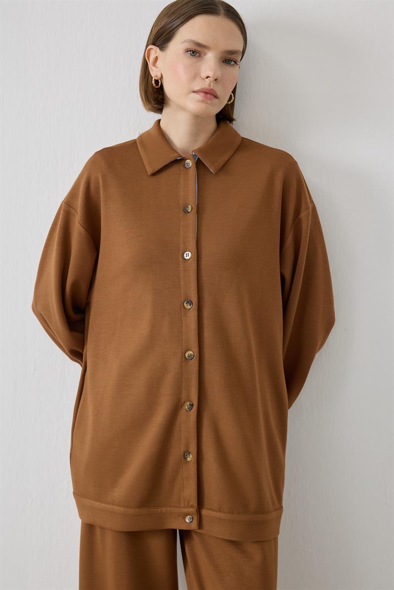 NEVA ÇİZGİ DETAYLI ÖRME PANTOLONLU TAKIM CAMEL