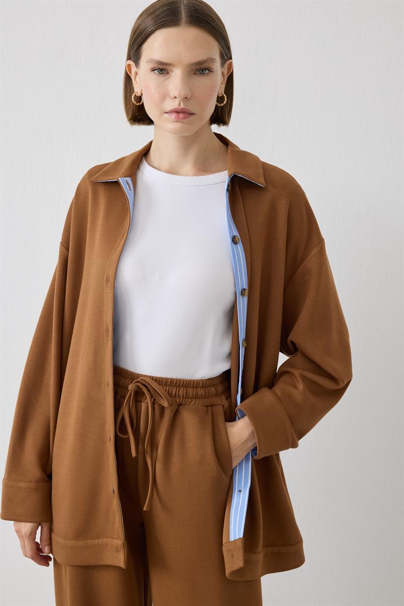 NEVA ÇİZGİ DETAYLI ÖRME PANTOLONLU TAKIM CAMEL