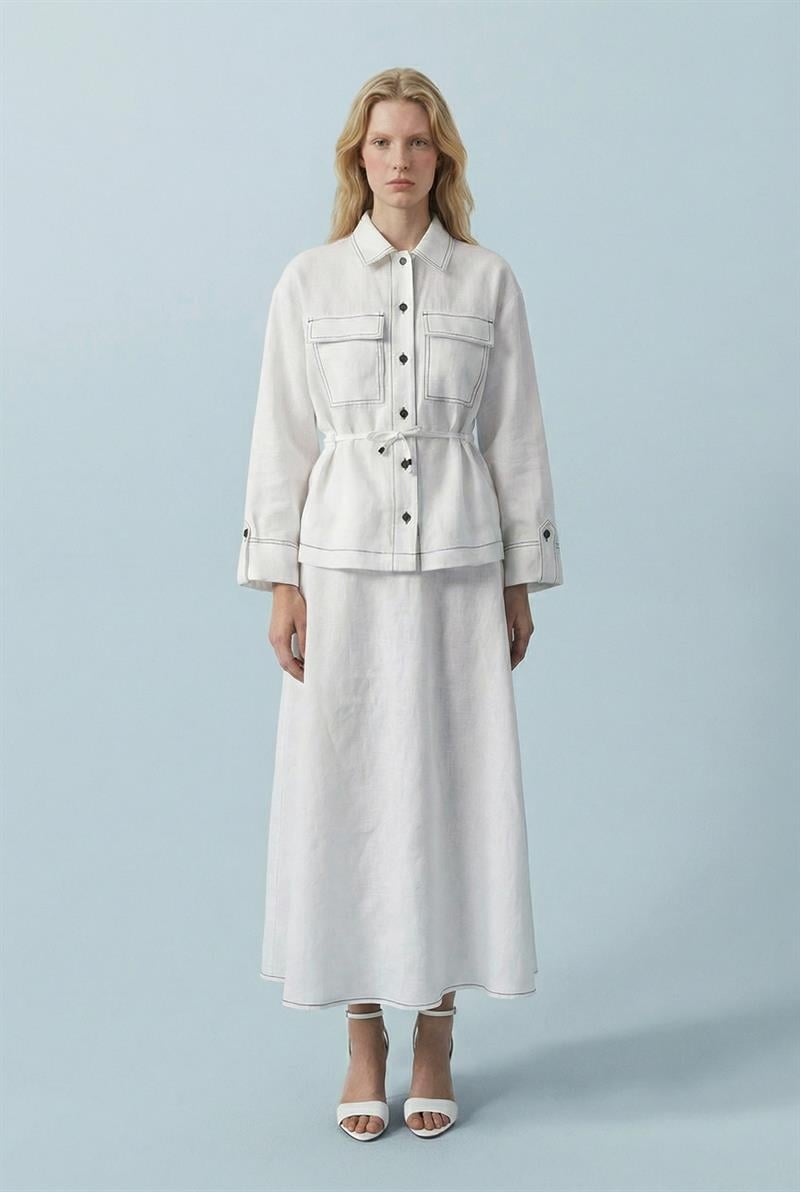 NEVADA DİKİŞ DETAYLI %100 KETEN ETEKLİ TAKIM BEYAZ