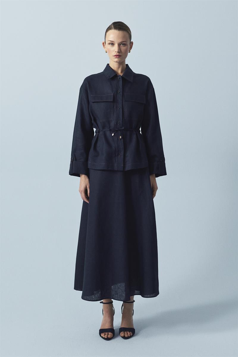 NEVADA DİKİŞ DETAYLI %100 KETEN ETEKLİ TAKIM LACİVERT