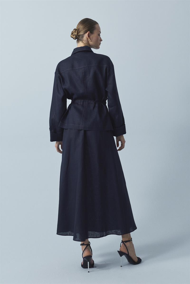 NEVADA DİKİŞ DETAYLI %100 KETEN ETEKLİ TAKIM LACİVERT