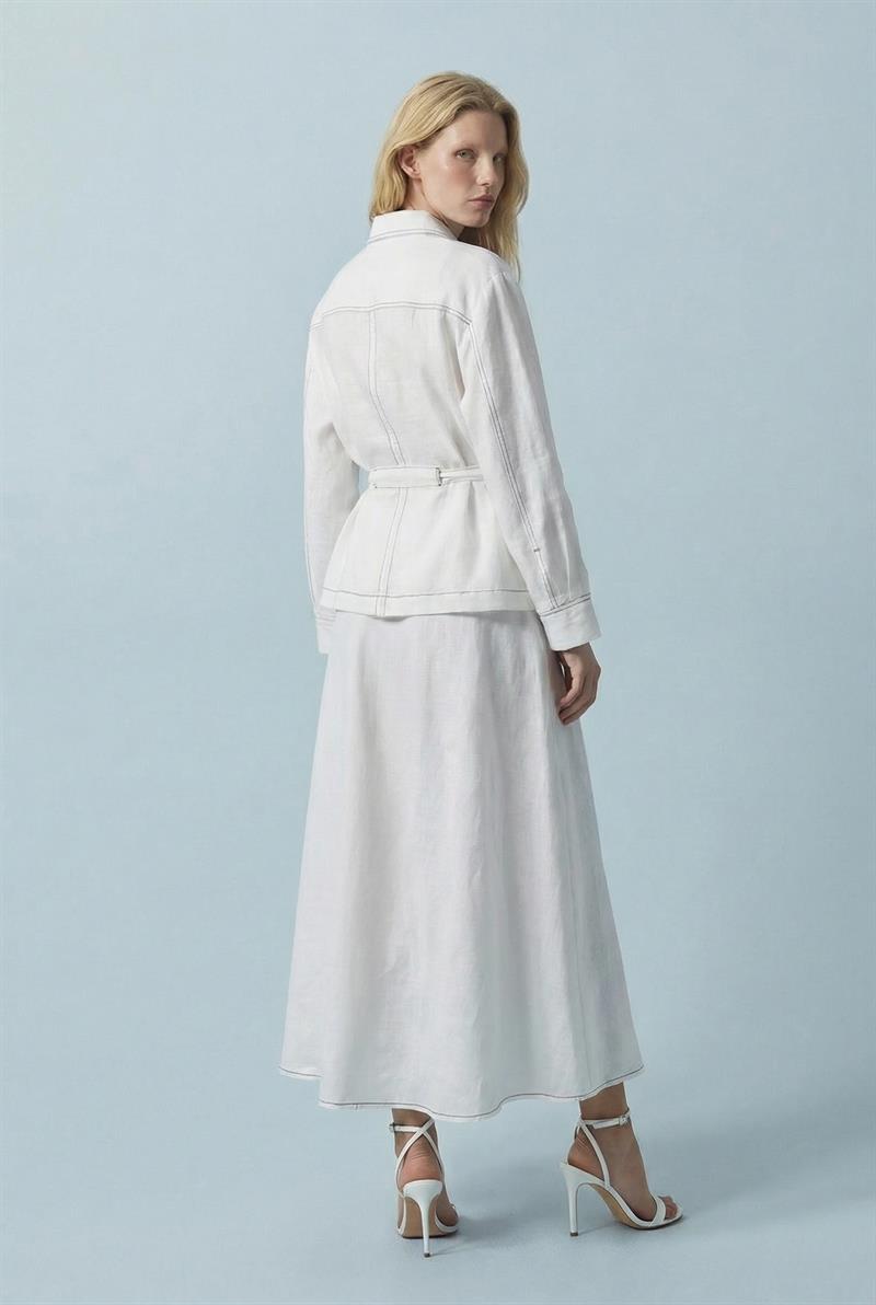 NEVADA DİKİŞ DETAYLI %100 KETEN ETEKLİ TAKIM BEYAZ