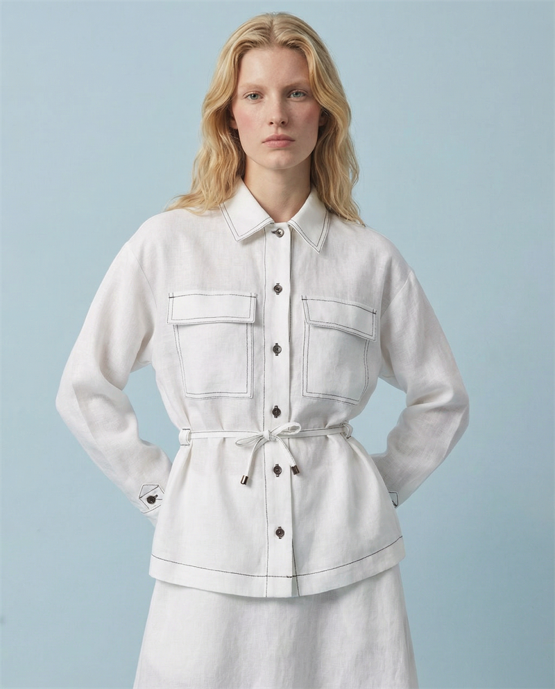 NEVADA DİKİŞ DETAYLI %100 KETEN ETEKLİ TAKIM BEYAZ