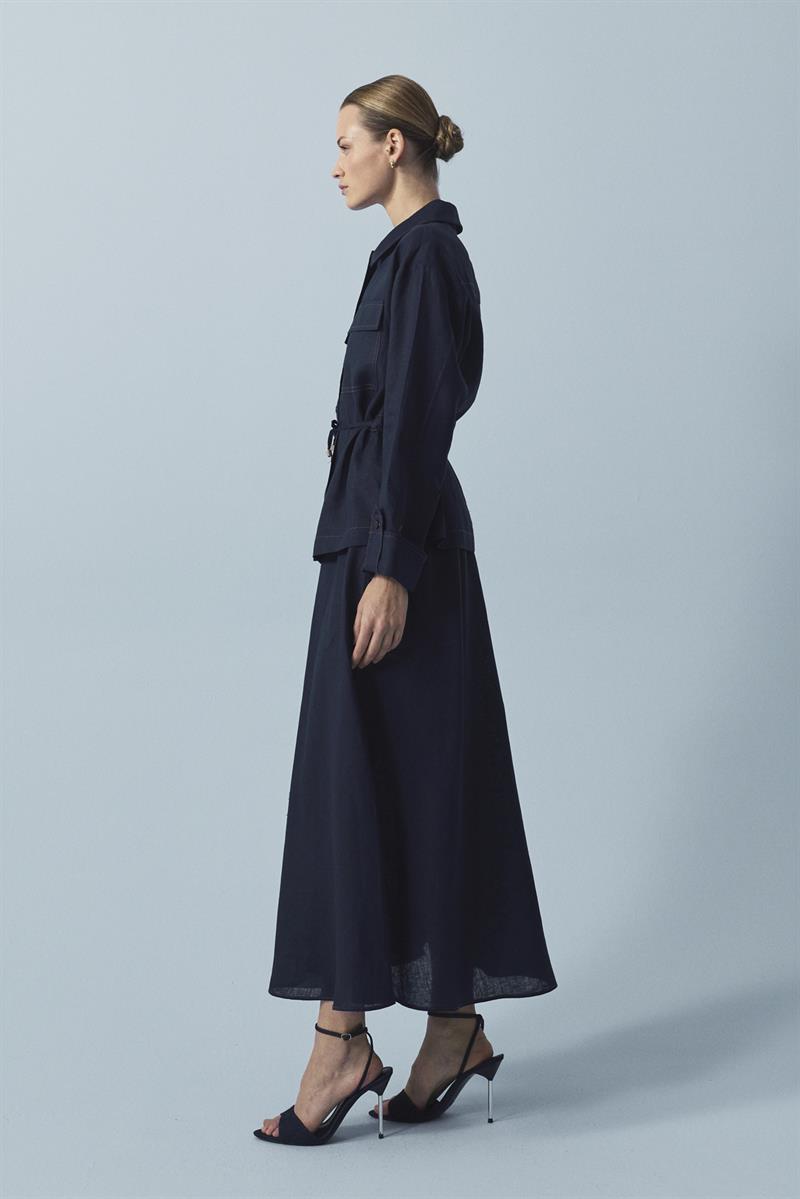 NEVADA DİKİŞ DETAYLI %100 KETEN ETEKLİ TAKIM LACİVERT