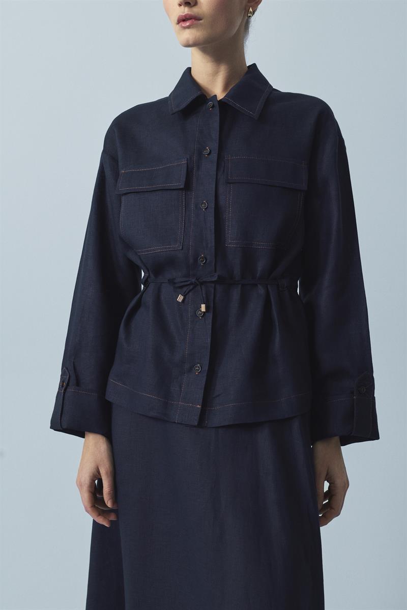 NEVADA DİKİŞ DETAYLI %100 KETEN ETEKLİ TAKIM LACİVERT