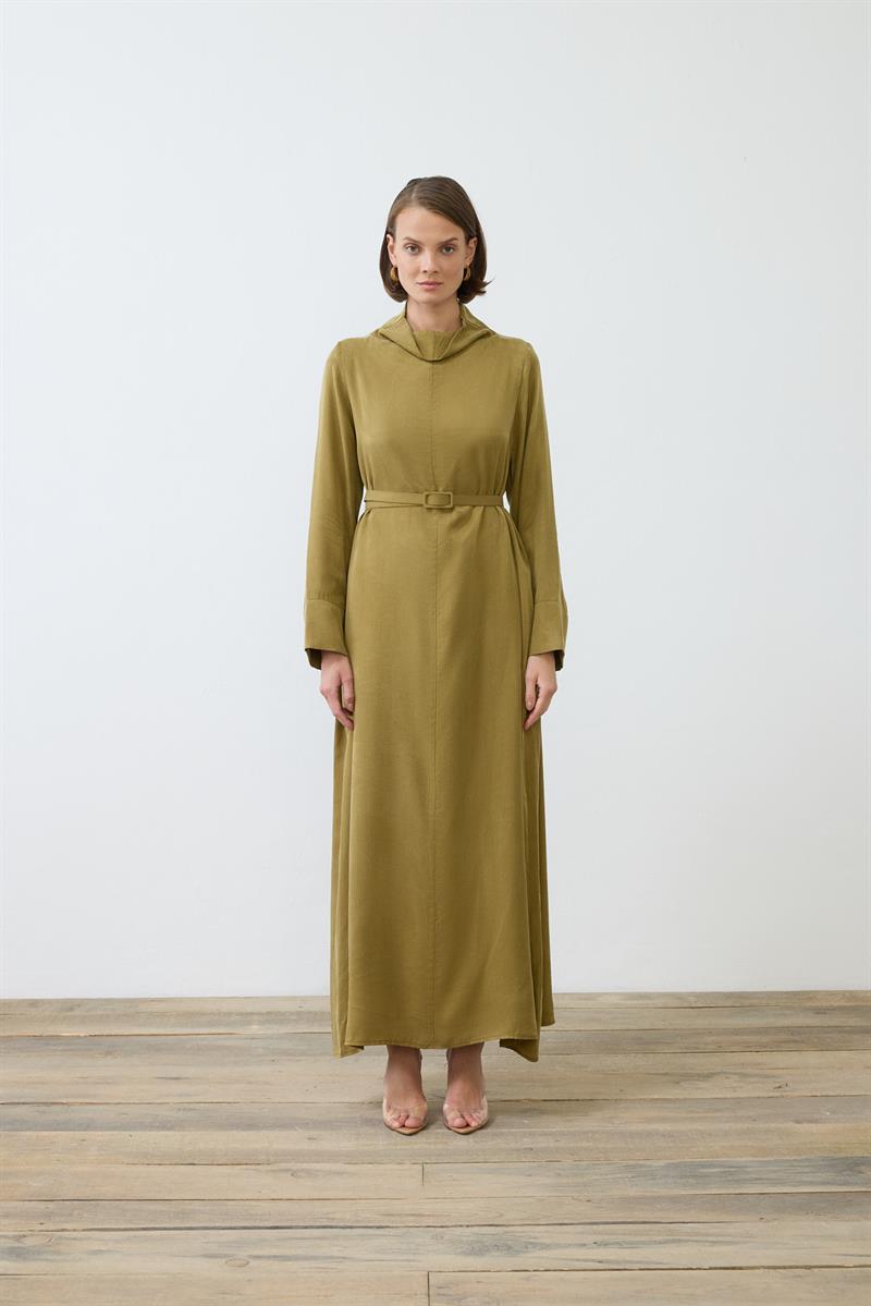 NIVA WASHED SILK HIGH NECK DRESS GREEN