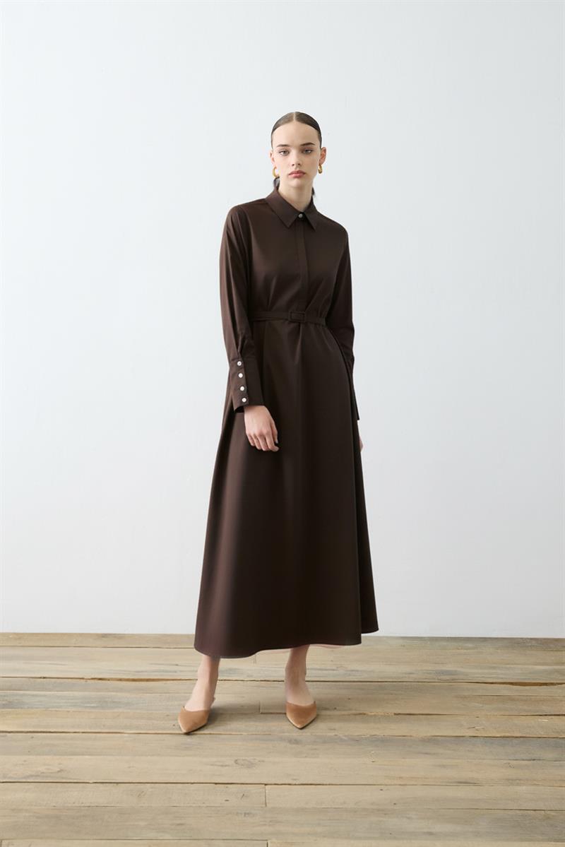 NOVA PAPER TOUCH POPLİN BOL KESİM ELBİSE KAHVE