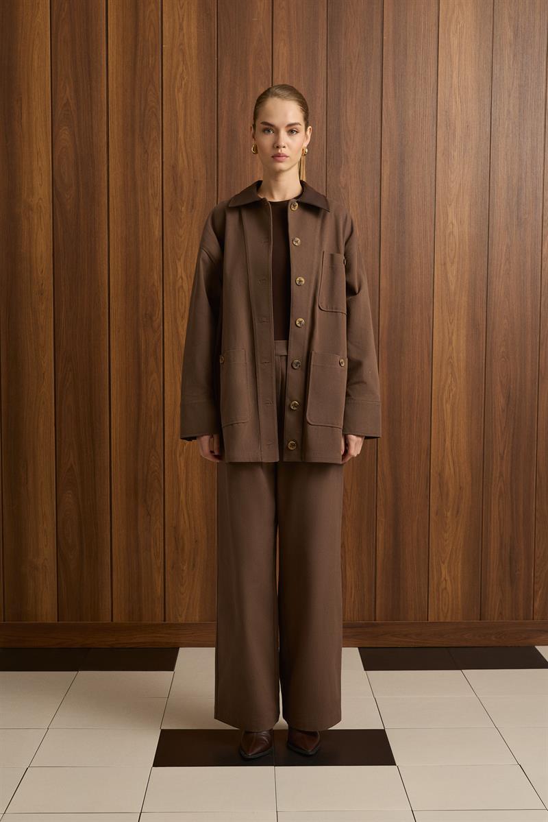 OVEL LEATHER COLLAR DETAIL PANTS SET BROWN