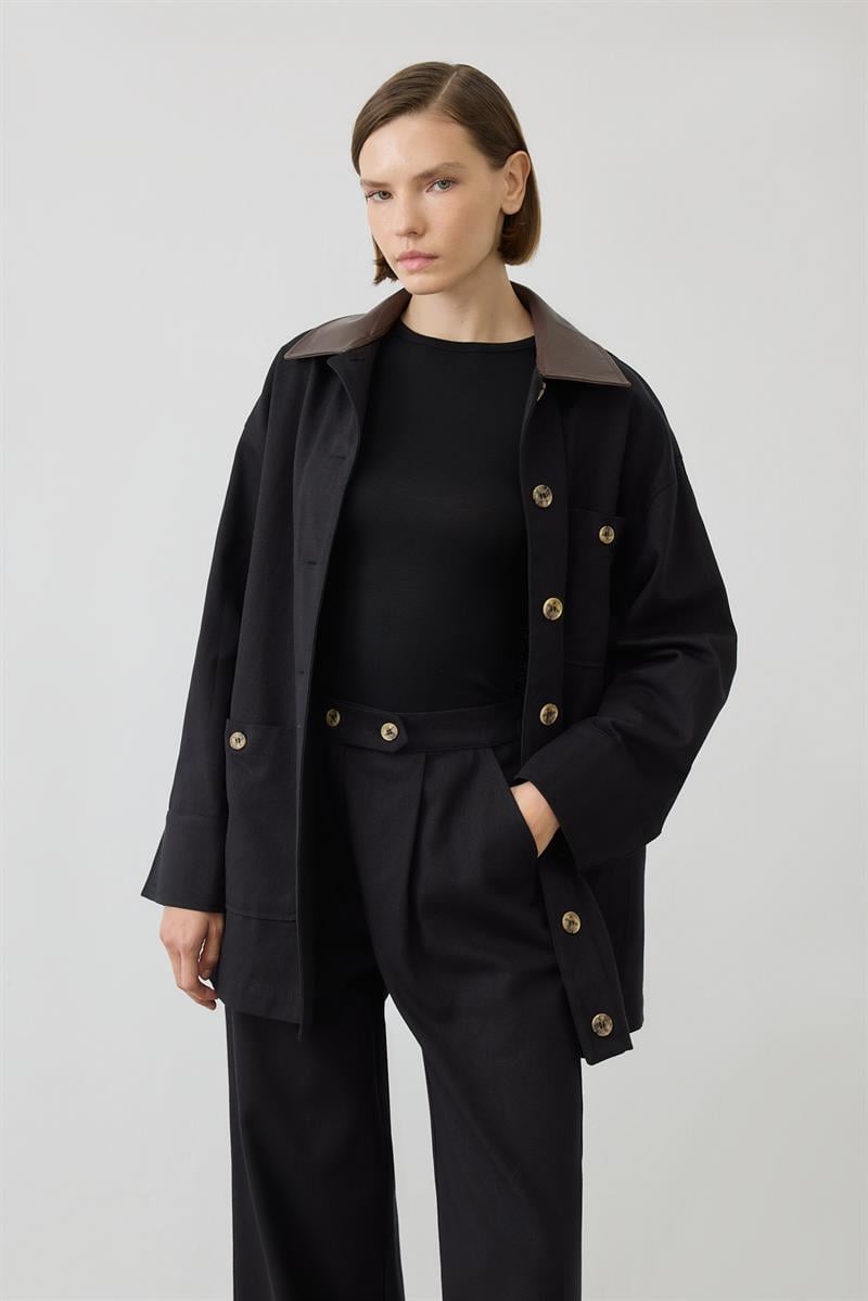 OVEL LEATHER COLLAR DETAIL PANTS SET BLACK