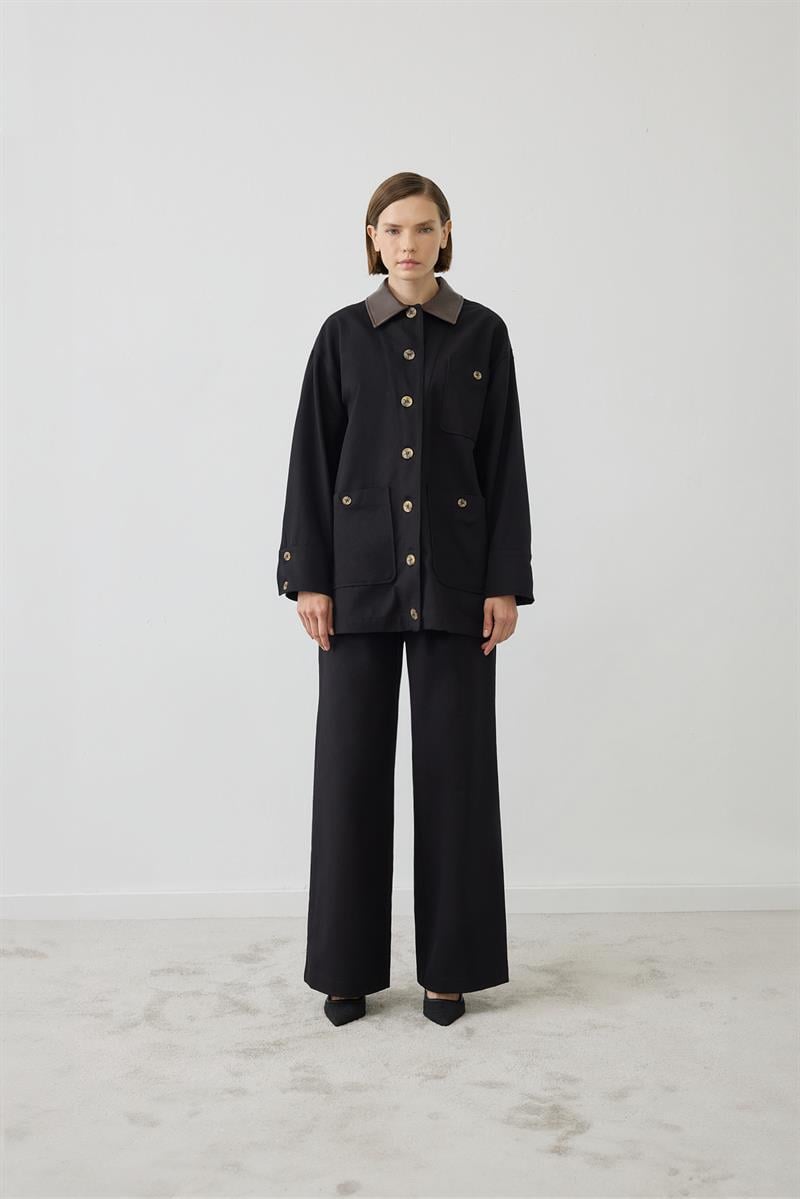 OVEL LEATHER COLLAR DETAIL PANTS SET BLACK