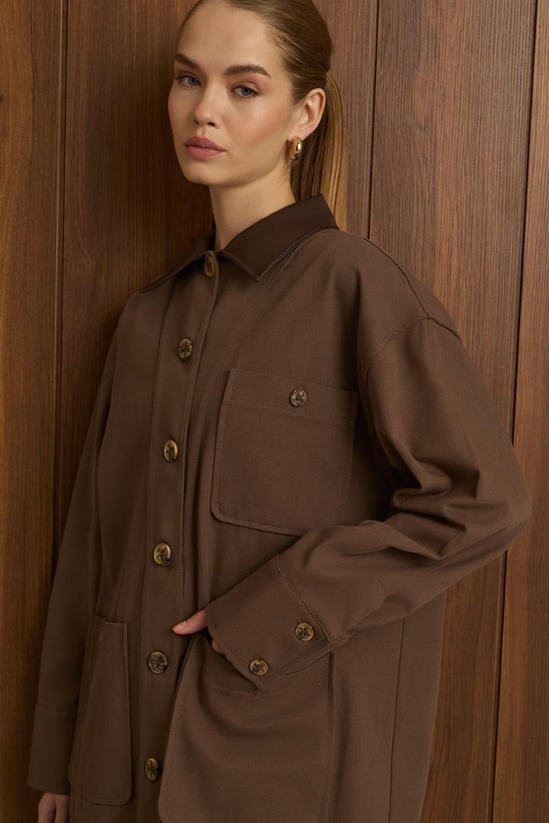OVEL LEATHER COLLAR DETAIL PANTS SET BROWN