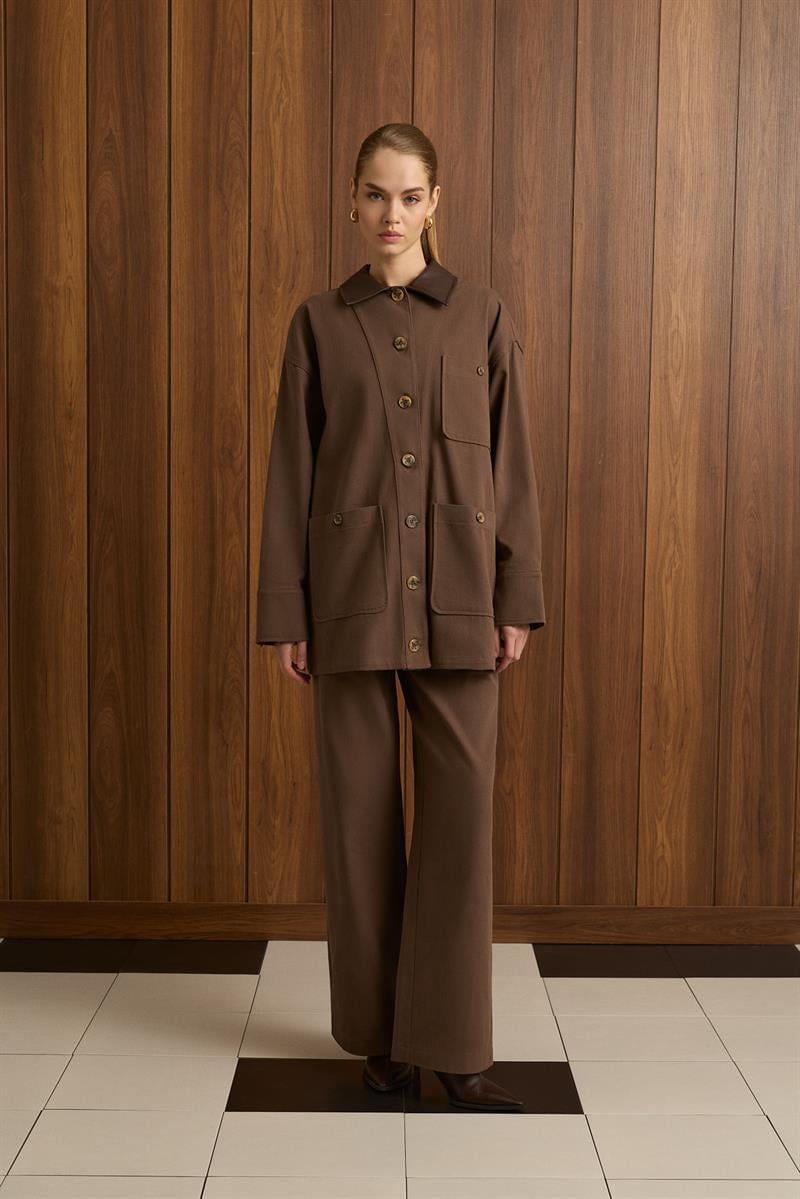 OVEL LEATHER COLLAR DETAIL PANTS SET BROWN