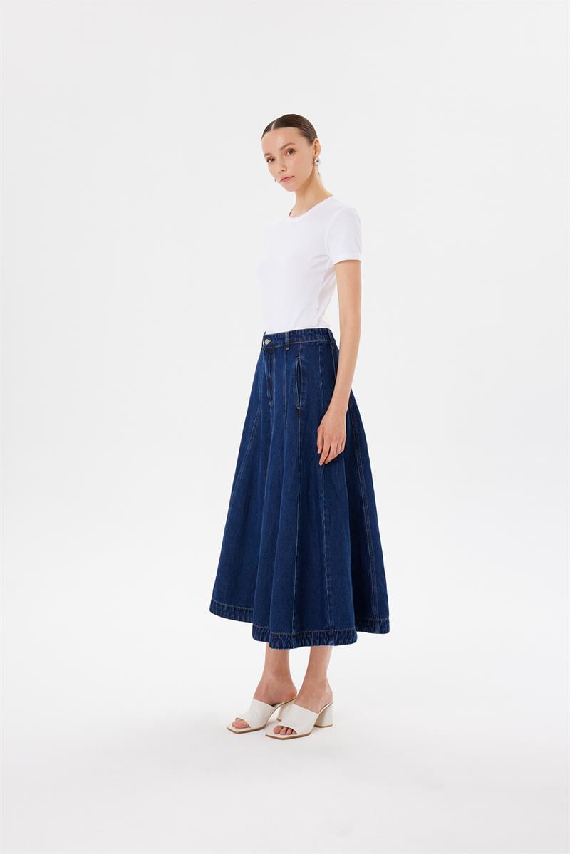 PARÇALI DENIM KOT ETEK KOYU LACİVERT