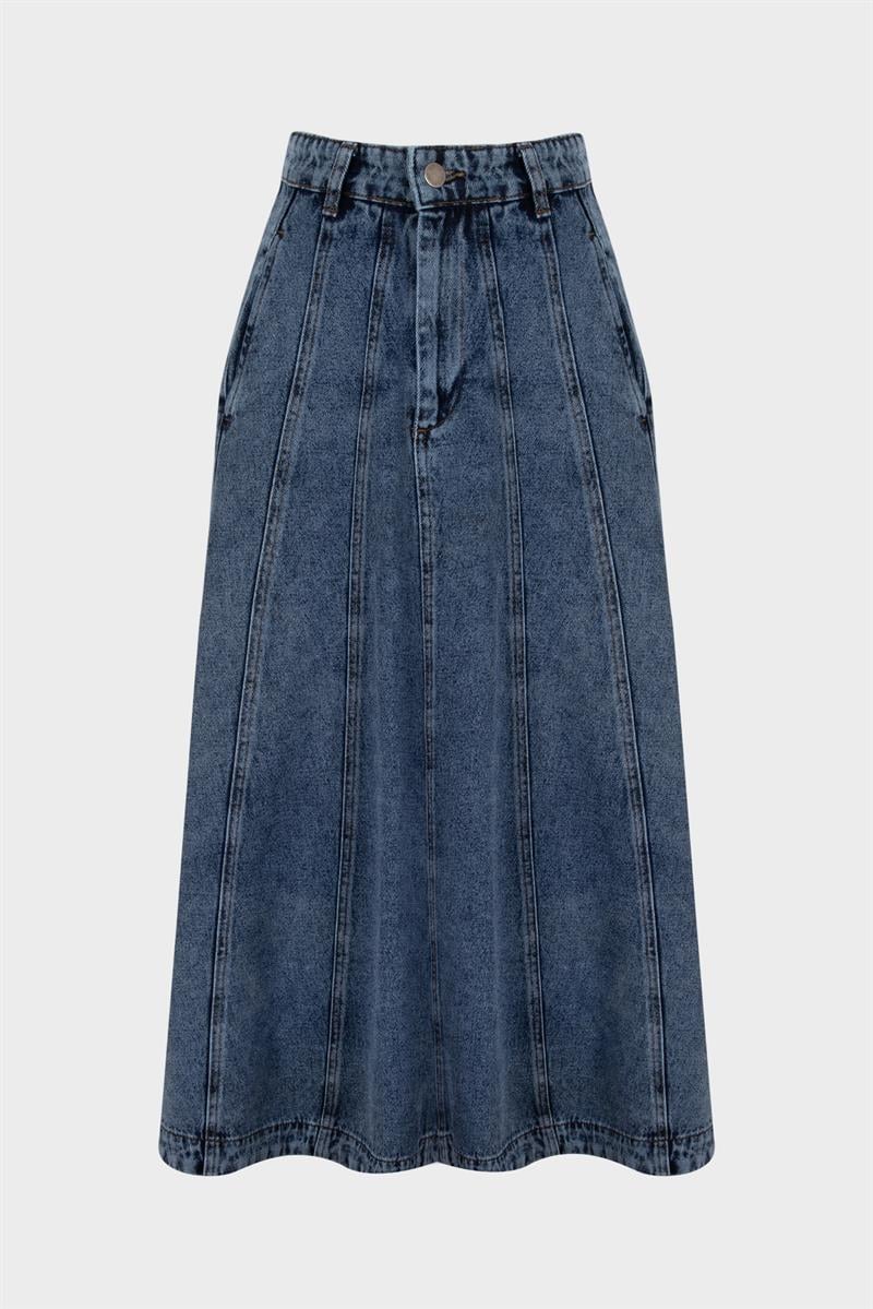 PARÇALI DENIM KOT ETEK KOYU LACİVERT