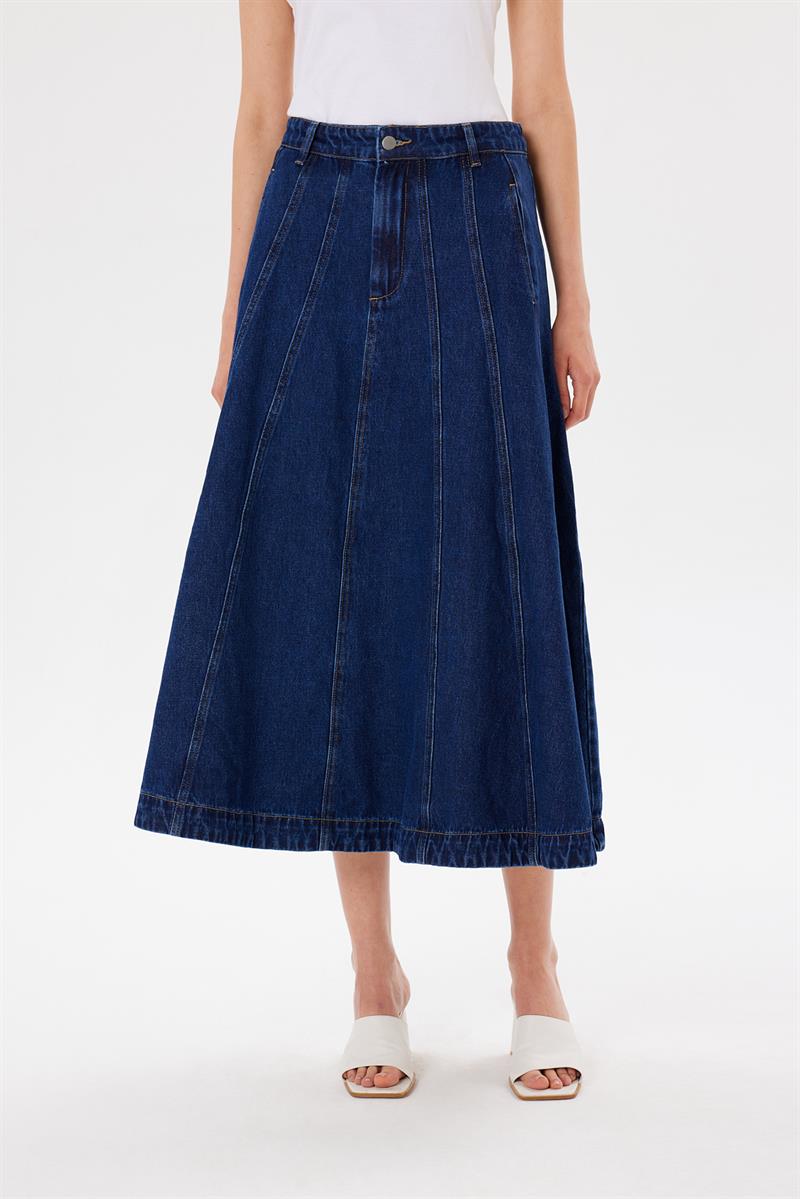 PARÇALI DENIM KOT ETEK KOYU LACİVERT