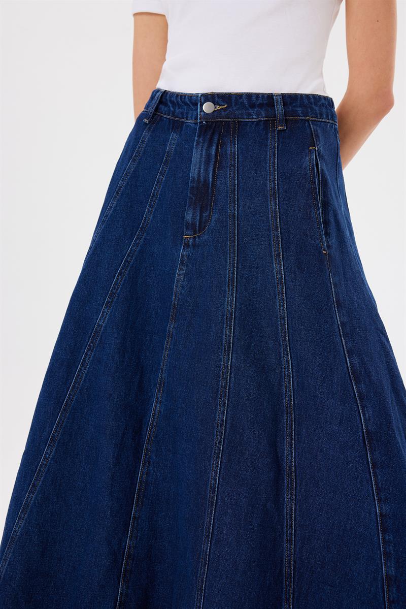 PARÇALI DENIM KOT ETEK KOYU LACİVERT
