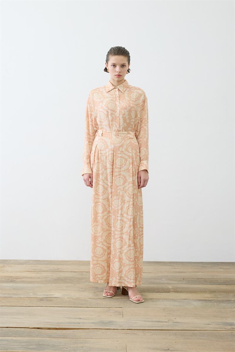 PASTEL DESEN VİSKON RAYON PİLE DETAYLI PANTOLON TAKIM PUDRA