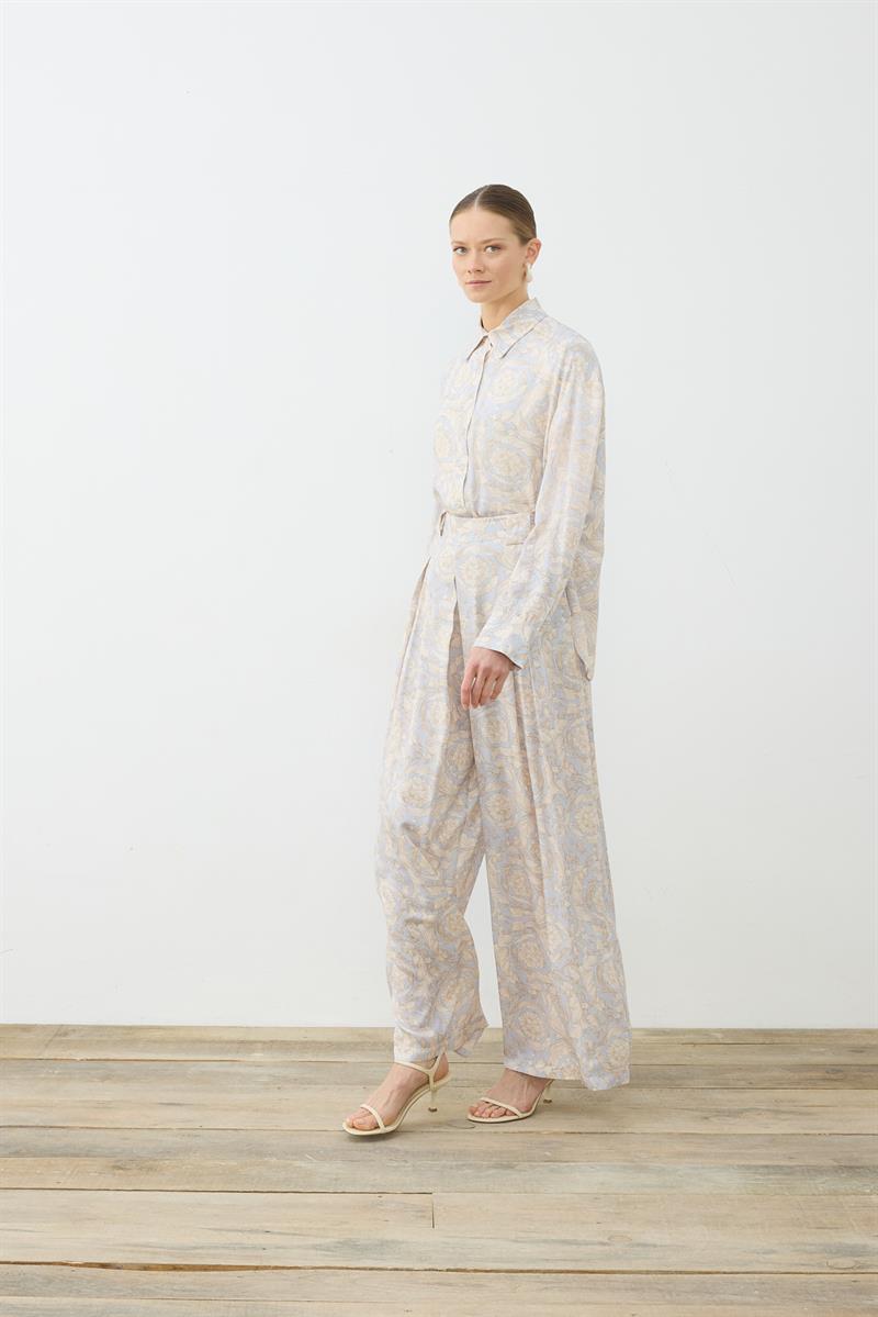 PASTEL DESEN VİSKON RAYON PİLE DETAYLI PANTOLON TAKIM BEBE MAVİ