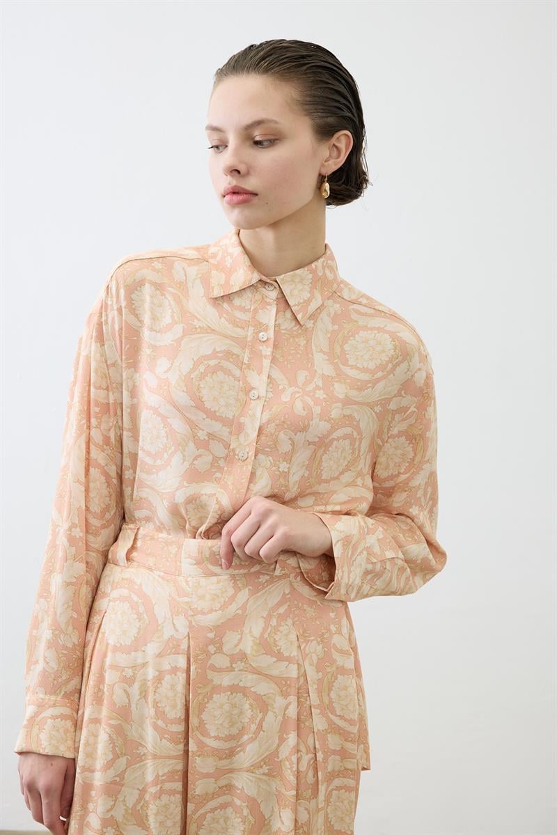 PASTEL DESEN VİSKON RAYON PİLE DETAYLI PANTOLON TAKIM PUDRA