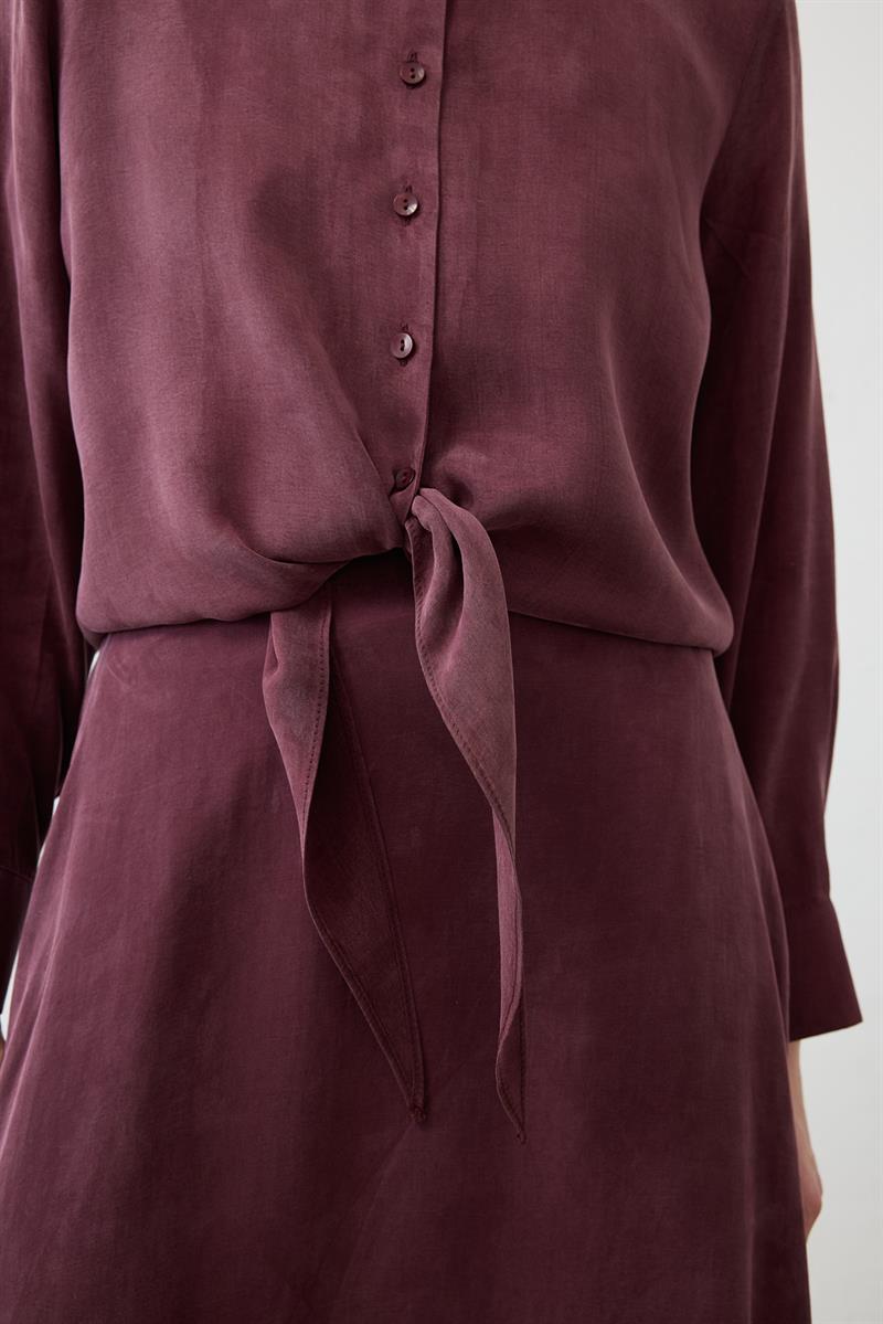 PRİME TAŞLANMIŞ İPEK BAĞLAMALI GÖMLEK ETEKLİ TAKIM BORDO