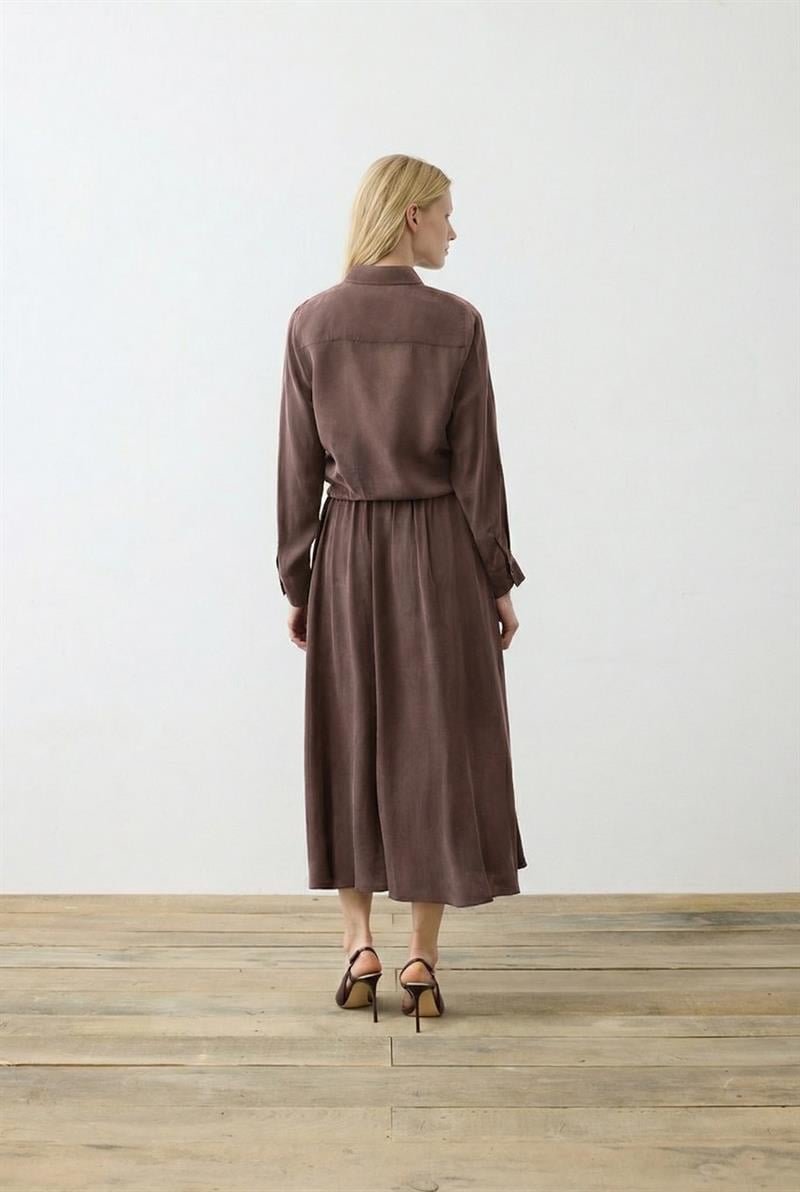 PRİME TAŞLANMIŞ İPEK BAĞLAMALI GÖMLEK ETEKLİ TAKIM KAHVE