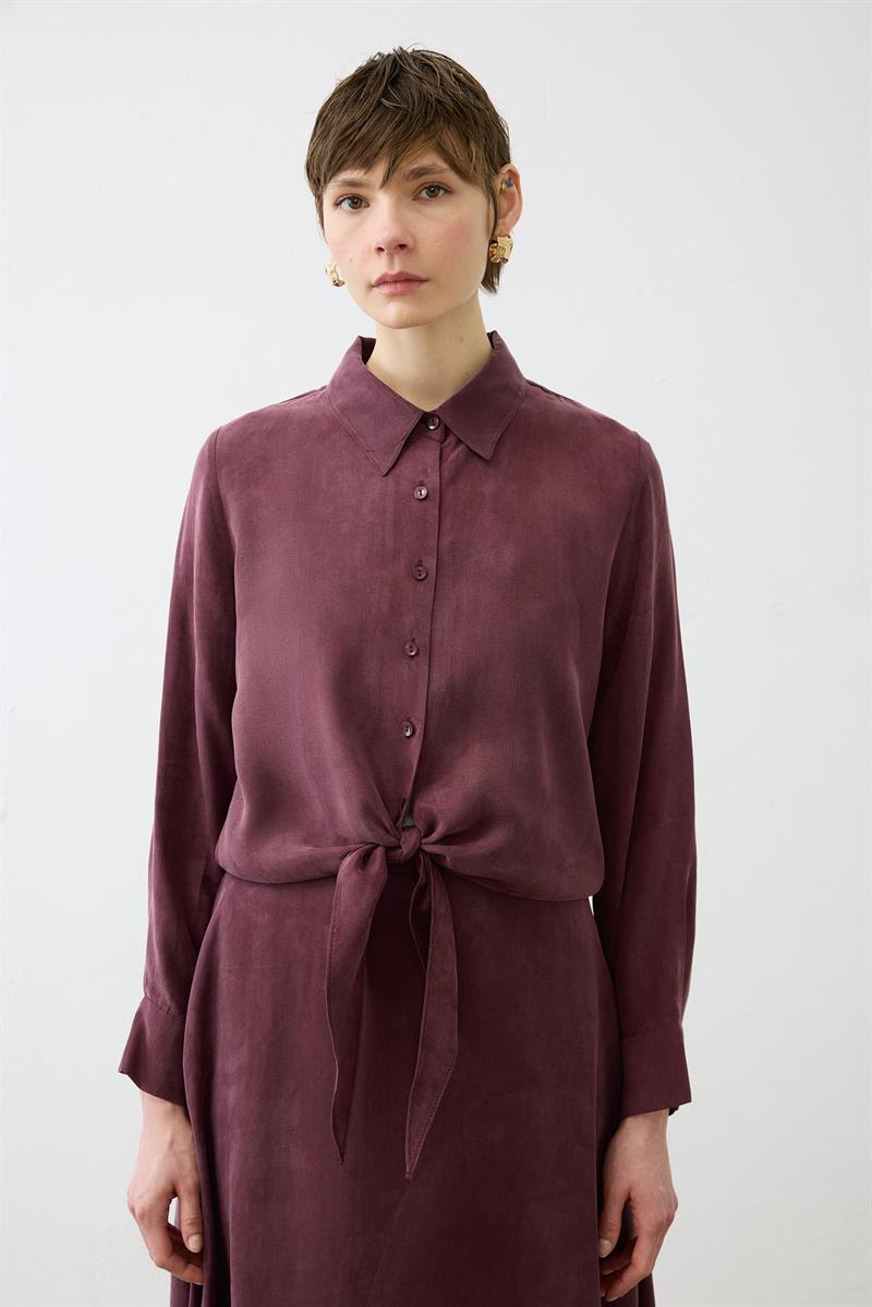 PRİME TAŞLANMIŞ İPEK BAĞLAMALI GÖMLEK ETEKLİ TAKIM BORDO