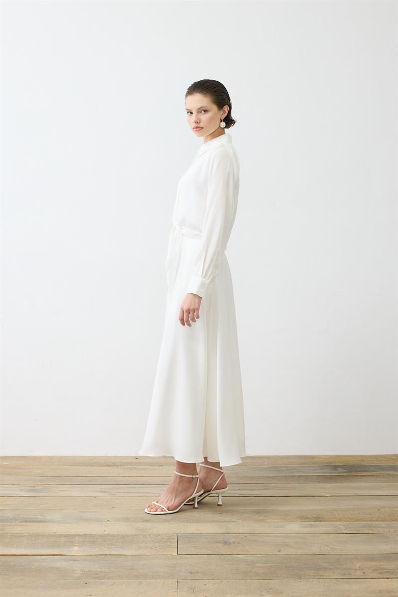 PRİME TAŞLANMIŞ İPEK BAĞLAMALI GÖMLEK ETEKLİ TAKIM EKRU