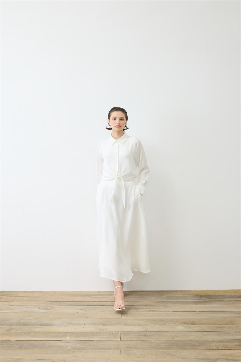 PRİME TAŞLANMIŞ İPEK BAĞLAMALI GÖMLEK ETEKLİ TAKIM EKRU