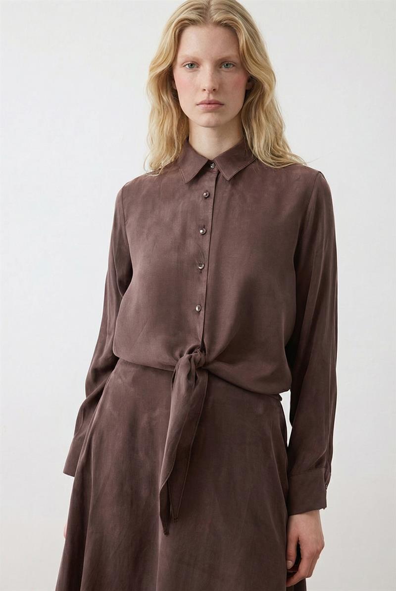 PRİME TAŞLANMIŞ İPEK BAĞLAMALI GÖMLEK ETEKLİ TAKIM KAHVE