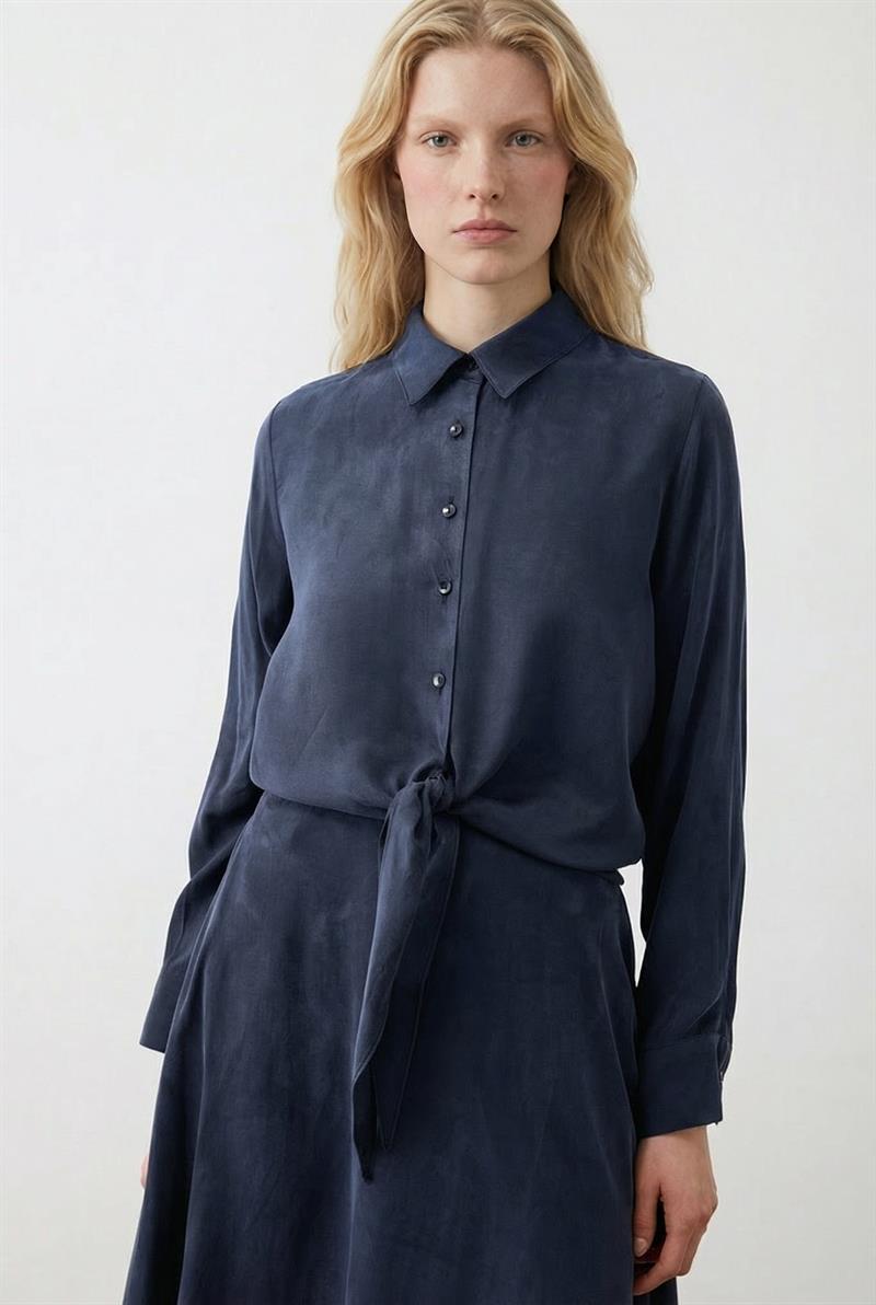 PRİME TAŞLANMIŞ İPEK BAĞLAMALI GÖMLEK ETEKLİ TAKIM LACİVERT