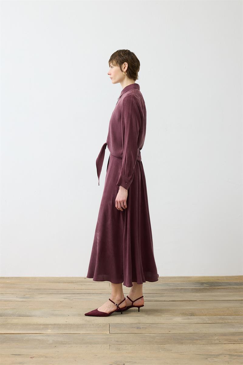 PRİME TAŞLANMIŞ İPEK BAĞLAMALI GÖMLEK ETEKLİ TAKIM BORDO