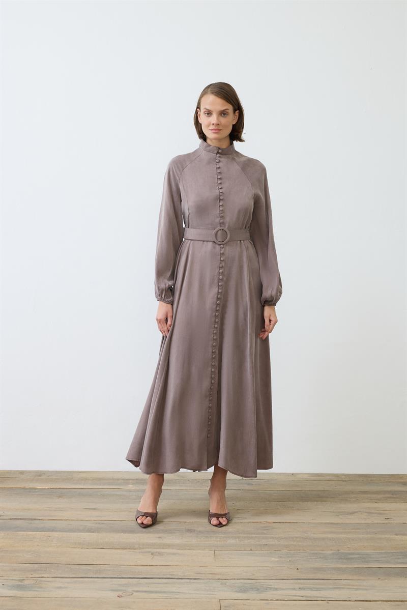 PRIME WASHED SILK BUTTONED BELT DRESS ETOUPE