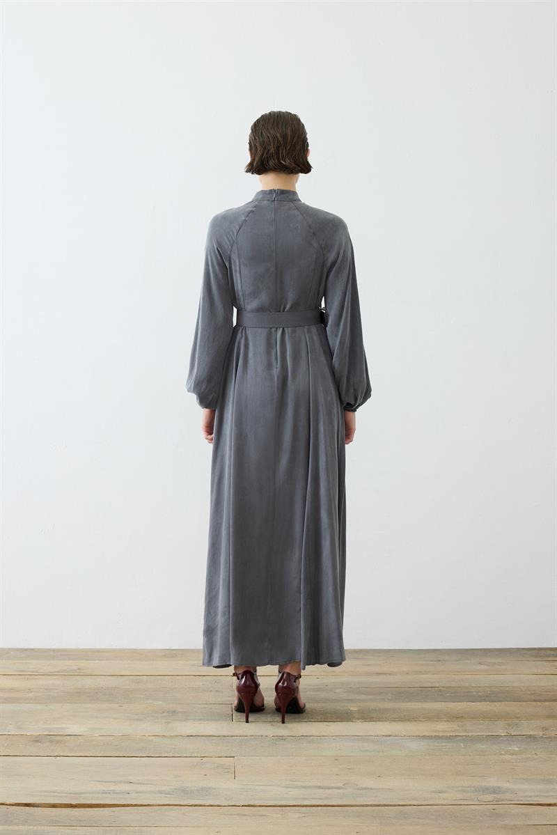 PRIME WASHED SILK BRIT BUTTONED DRESS ANTHRACITE