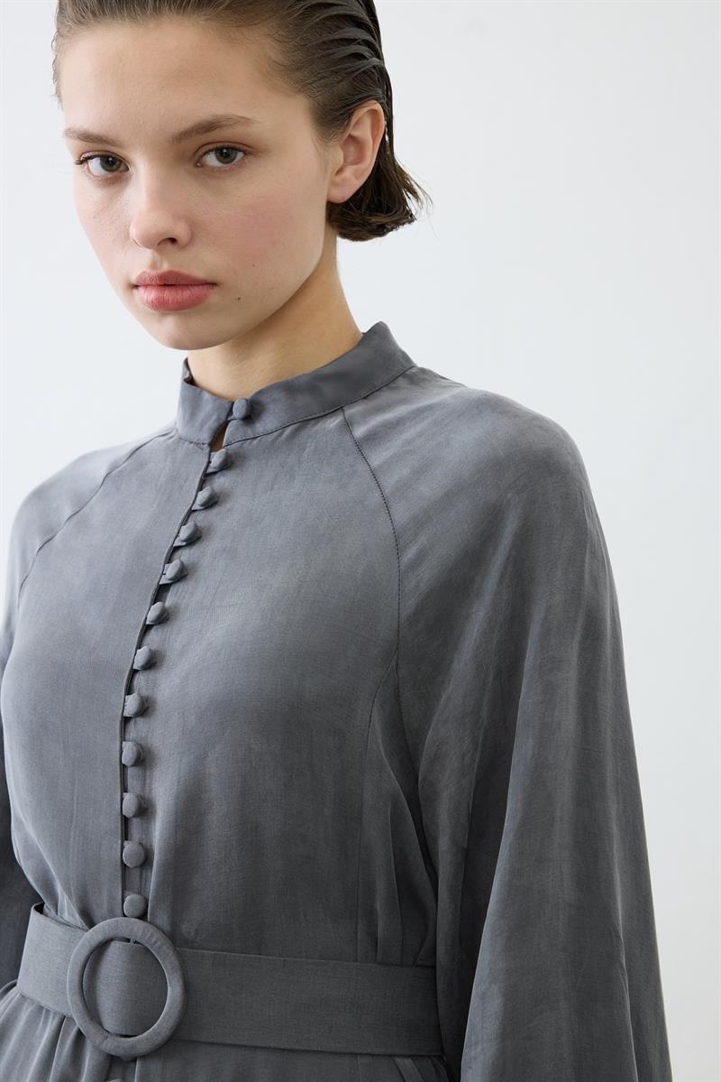 PRIME WASHED SILK BRIT BUTTONED DRESS ANTHRACITE