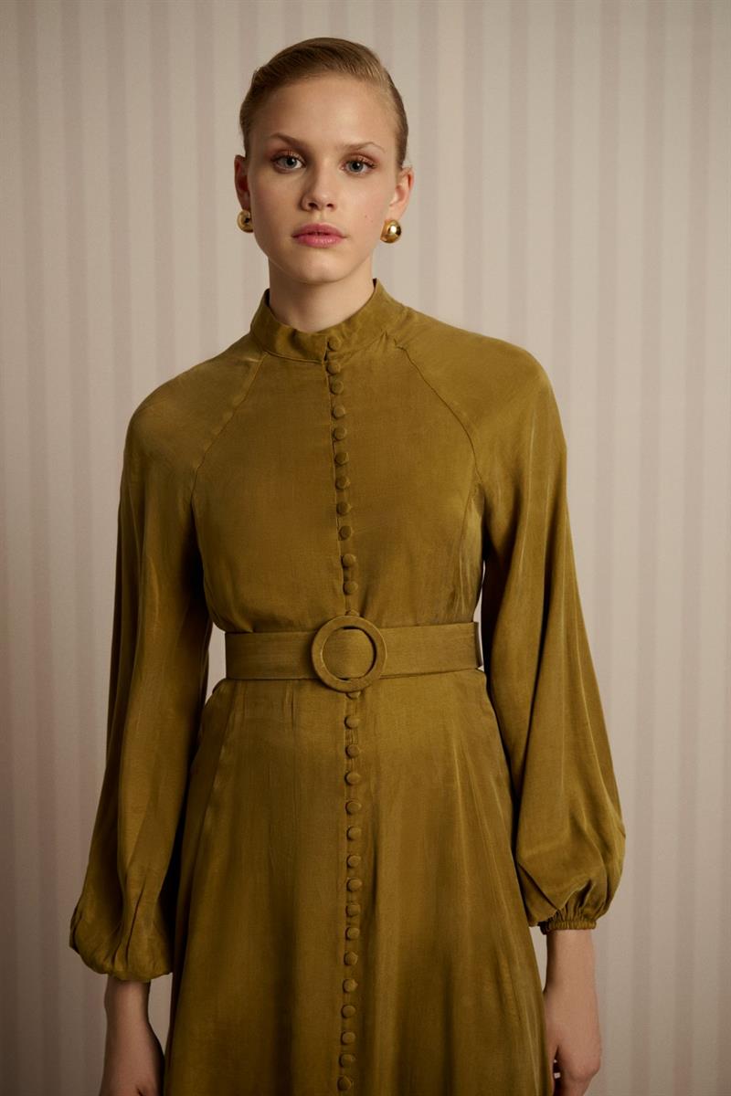 PRIME WASHED SILK BUTTONED BELT DRESS GREEN