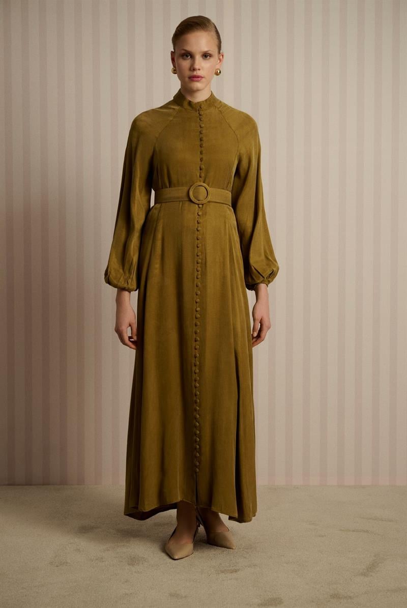 PRIME WASHED SILK BUTTONED BELT DRESS GREEN