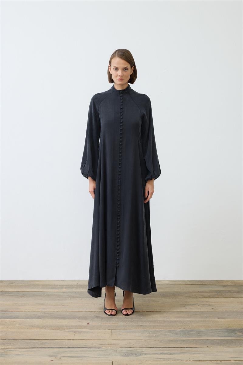 PRIME WASHED SILK BUTTONED BELT DRESS BLACK