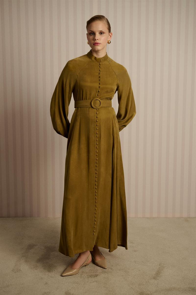 PRIME WASHED SILK BUTTONED BELT DRESS GREEN