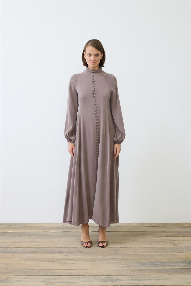 PRIME WASHED SILK BUTTONED BELT DRESS ETOUPE