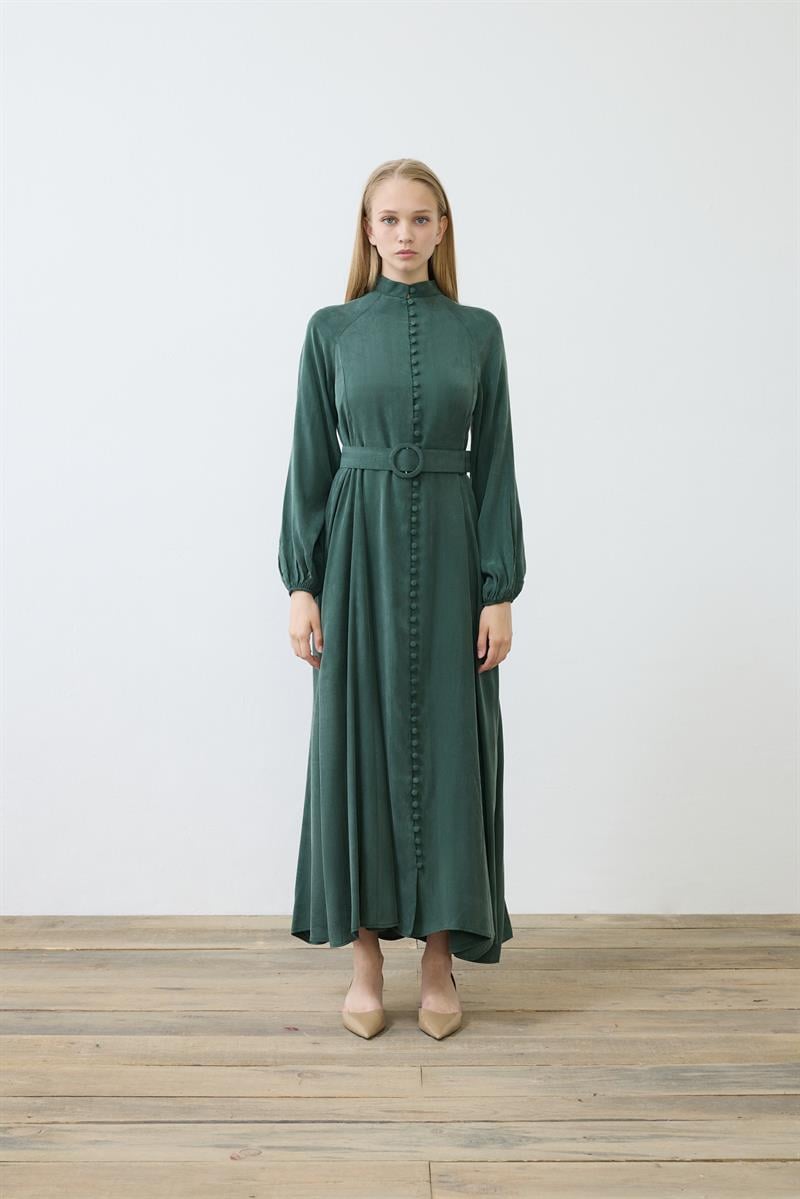 PRIME WASHED SILK BRIT BUTTONED DRESS KHAKI