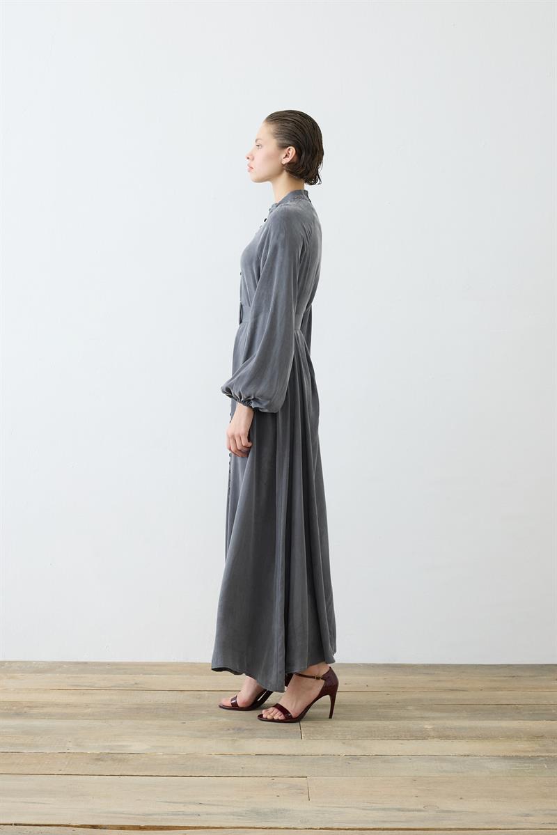 PRIME WASHED SILK BRIT BUTTONED DRESS ANTHRACITE