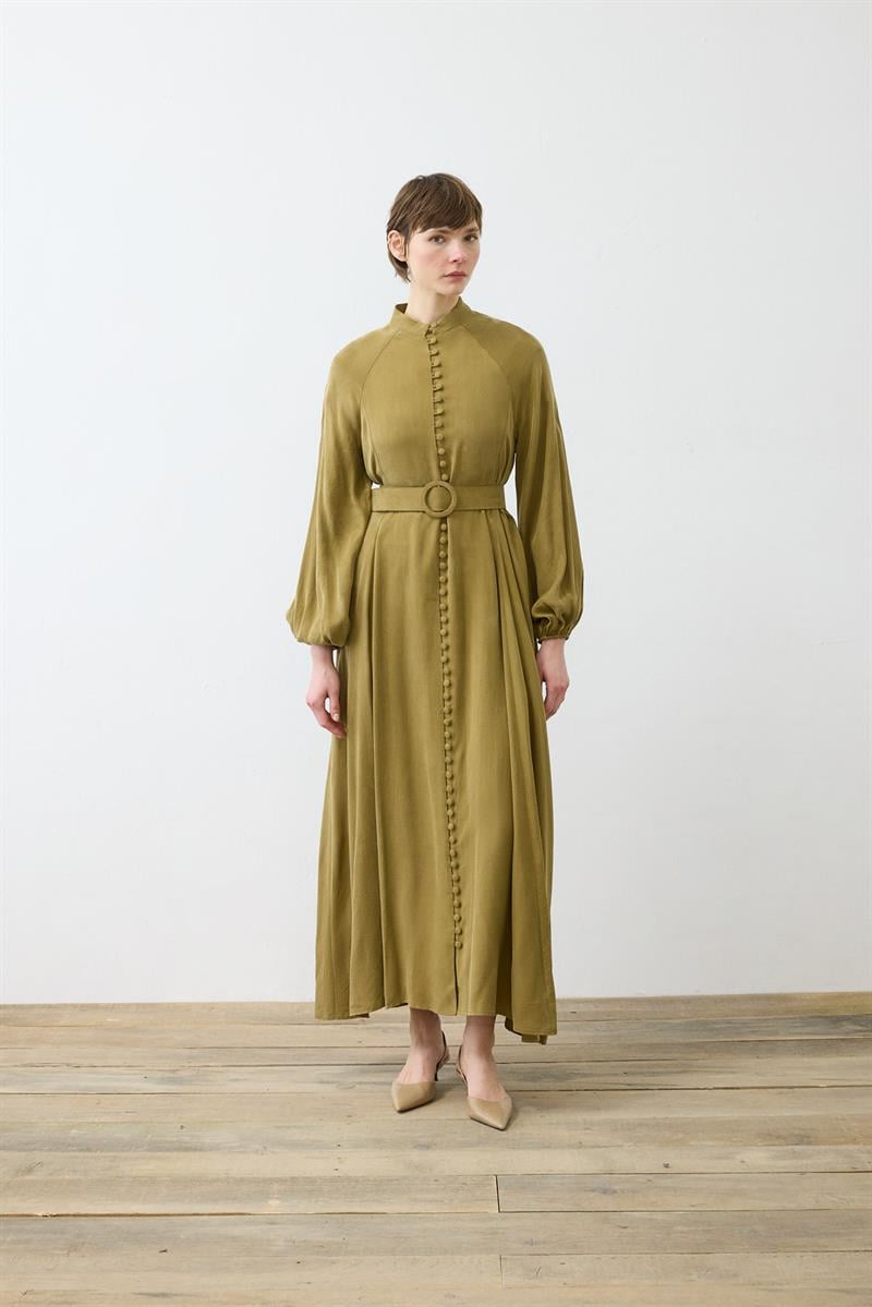 PRIME WASHED SILK BUTTONED BELT DRESS GREEN