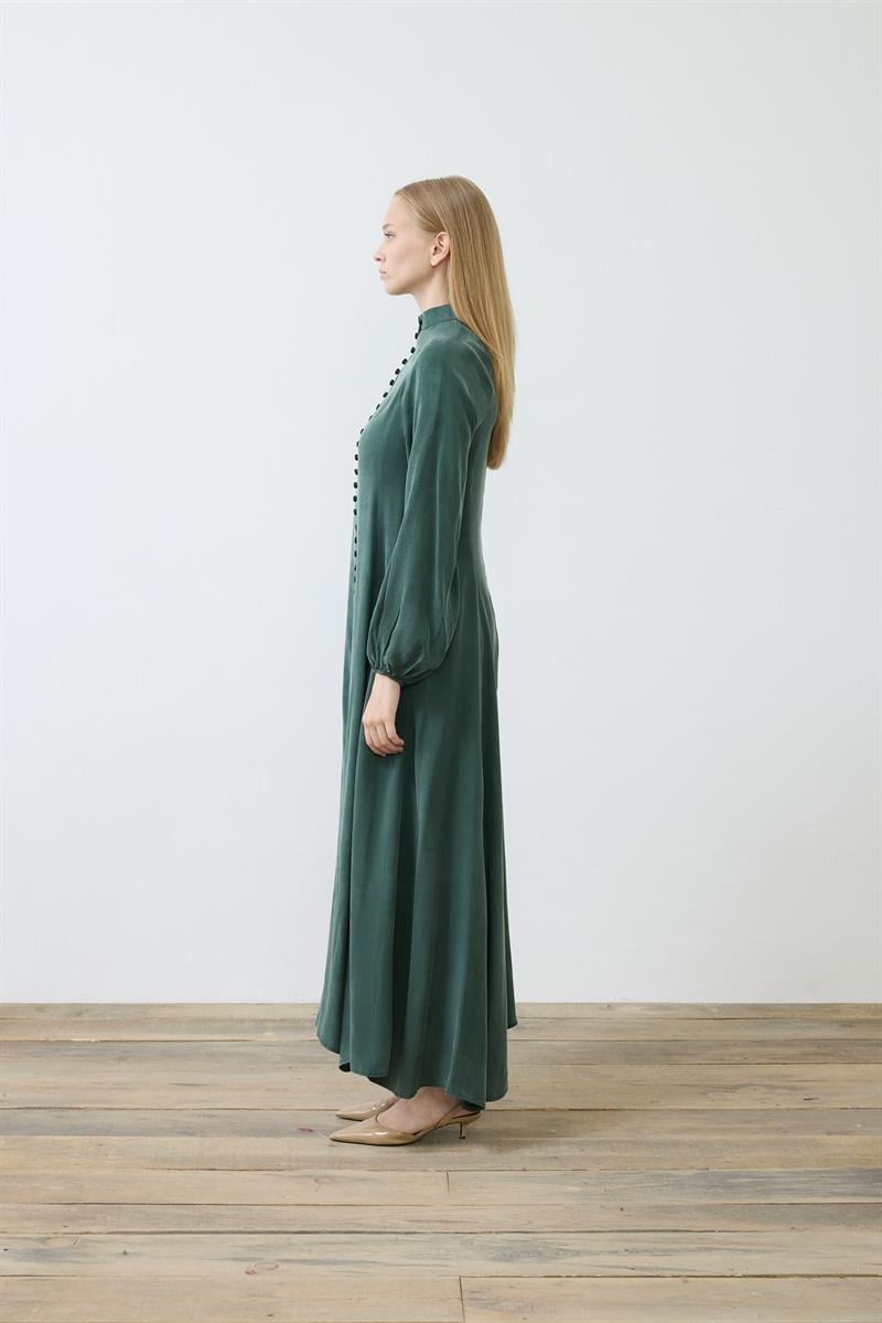 PRIME WASHED SILK BRIT BUTTONED DRESS KHAKI