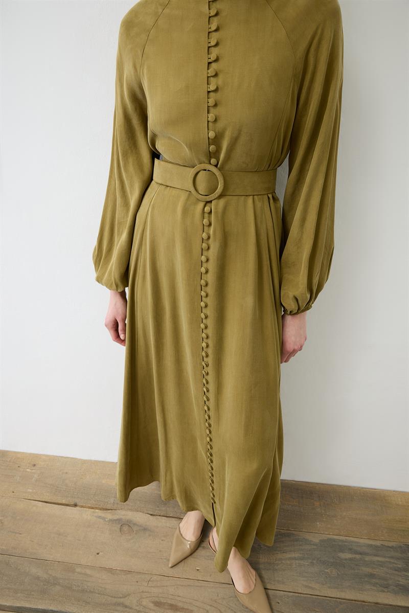 PRIME WASHED SILK BUTTONED BELT DRESS GREEN
