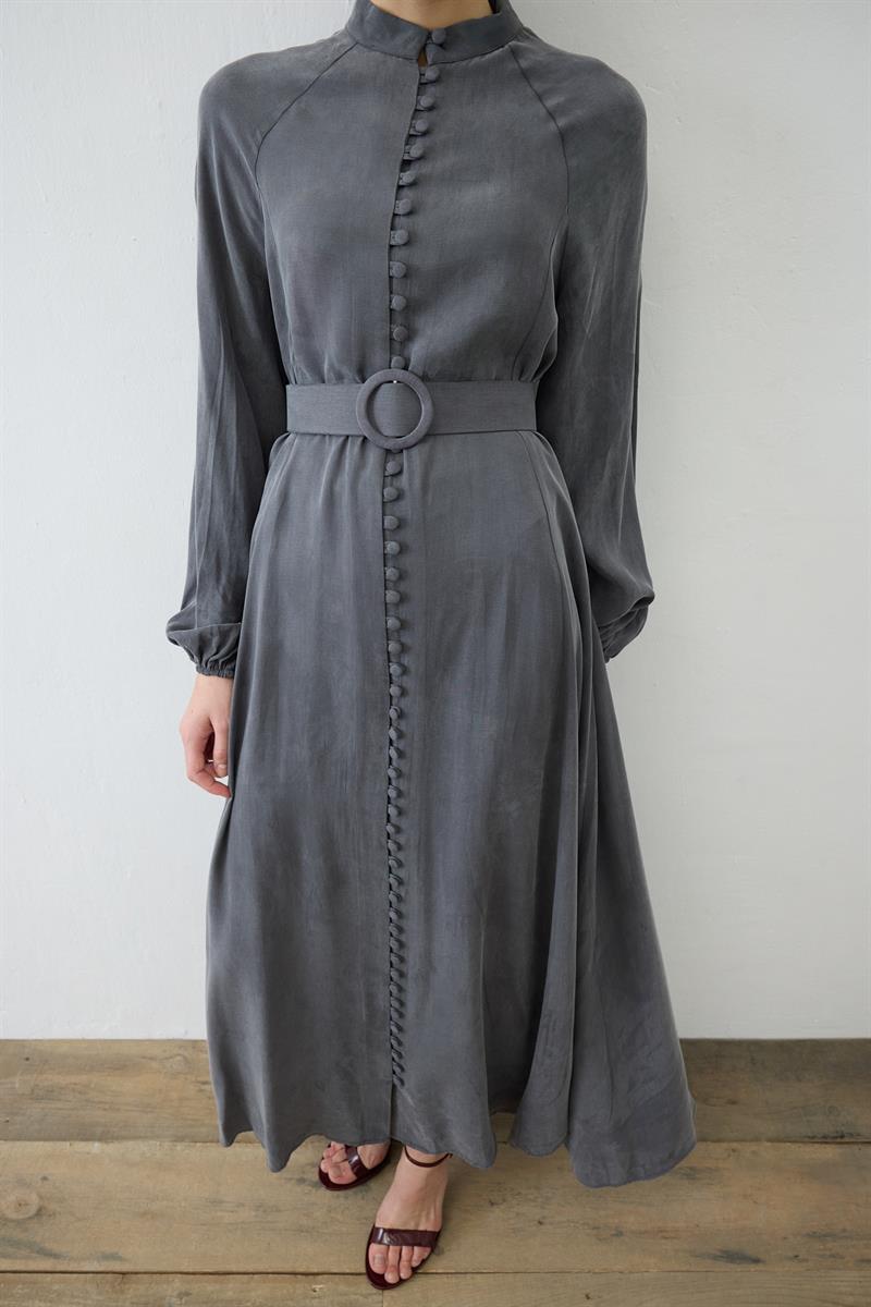 PRIME WASHED SILK BRIT BUTTONED DRESS ANTHRACITE