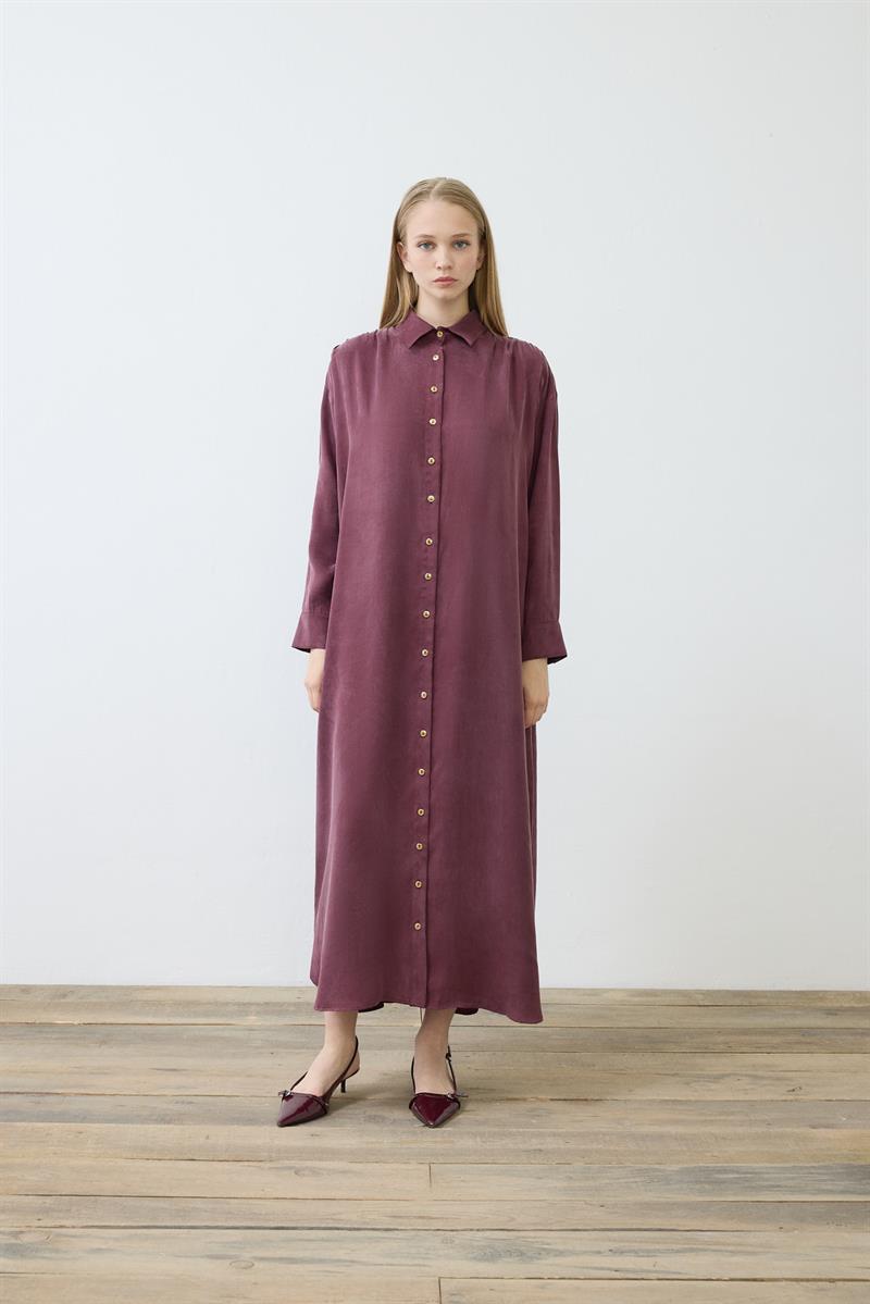 PRIME WASHED SILK SHIRT DRESS BURGUNDY