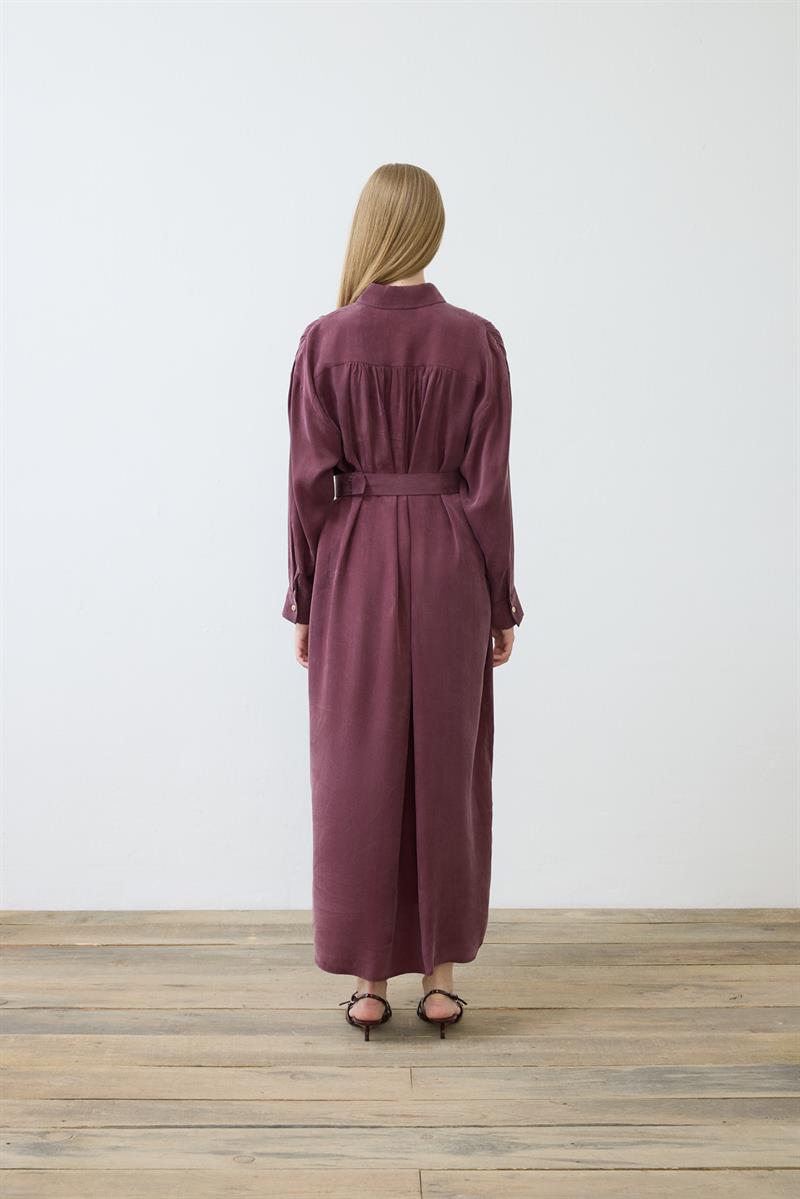 PRIME WASHED SILK SHIRT DRESS BURGUNDY