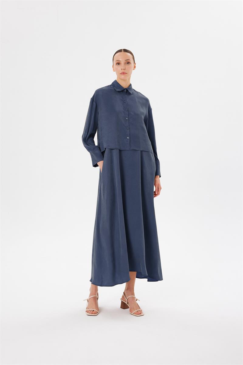 PRIME WASHED SILK SLEEVELESS SHIRT SET NAVY BLUE