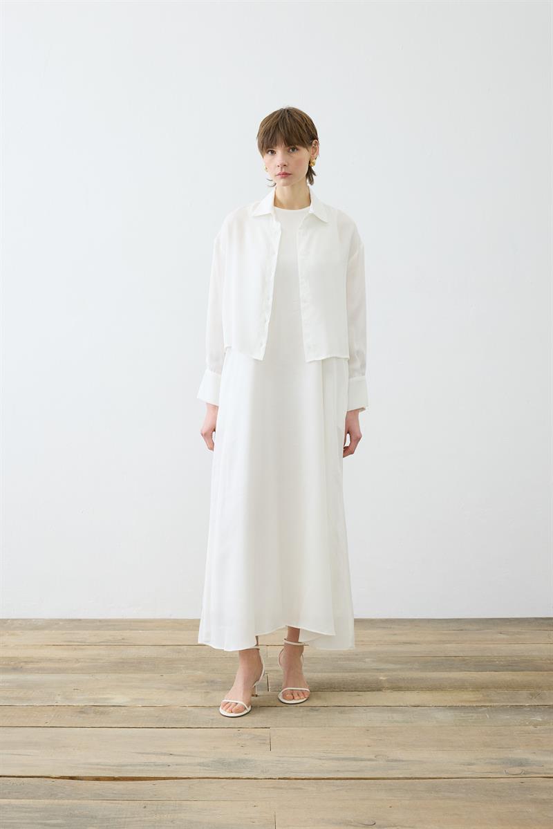 PRİME TAŞLANMIŞ İPEK KOLSUZ GÖMLEK TAKIM EKRU